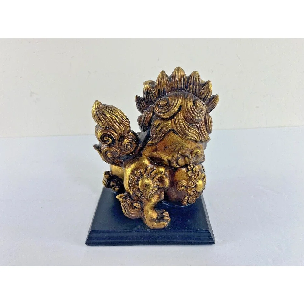 Vtg Foo Dog Gold Color Resin Figurine Dragon Asian Protection Art 7.5